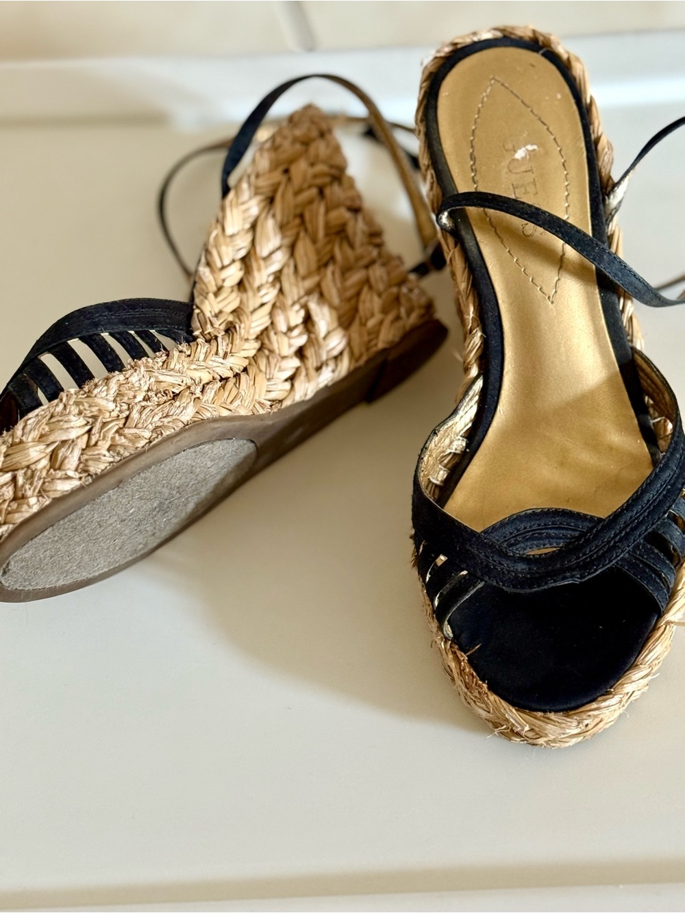 GUESS Black and Natural Espadrille Wedge Sandals - Picture 2 of 6